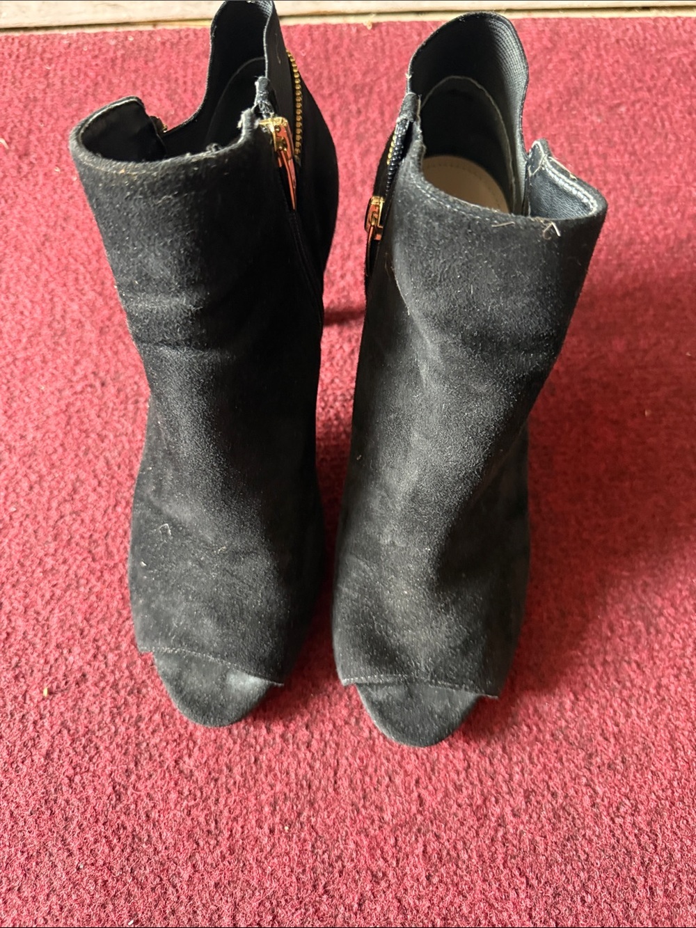 Marc Fisher Black Suede Peep-Toe Ankle Mules with Gold Zipper